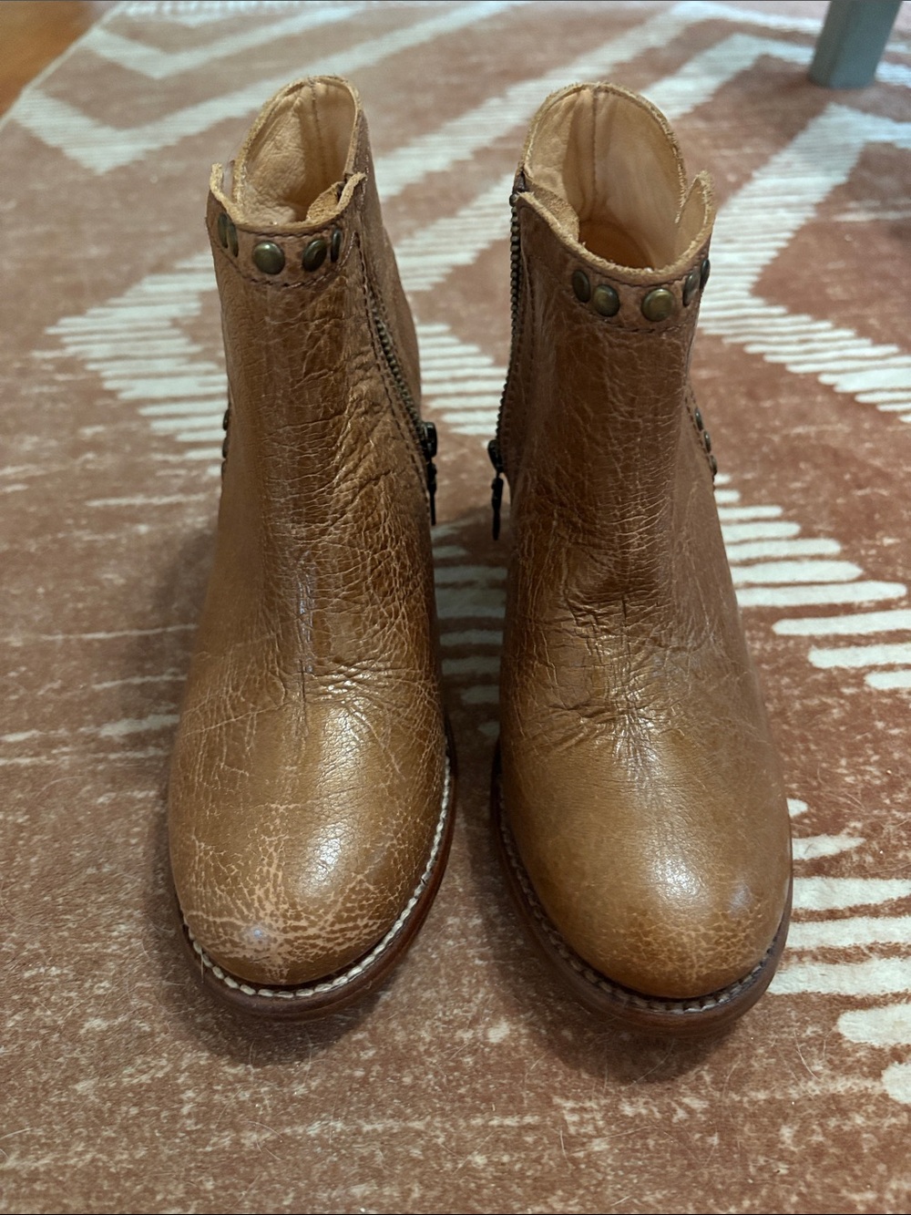 Bed Stu Tan Brown Leather Ankle Booties with Stud Trim